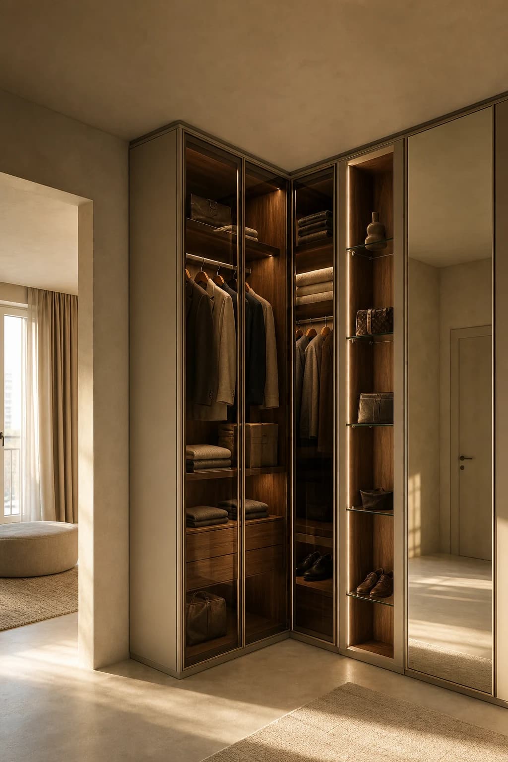 Kënd garderobe me dyer xhami bronz, rafte xhami, pasqyrë dhe ndriçim të integruar